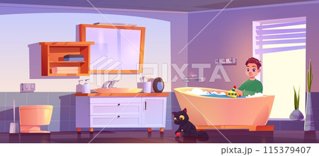 Kid boy in bathroom play with toy submarine Kid boy in bathroom play with toy submarine 115379407
