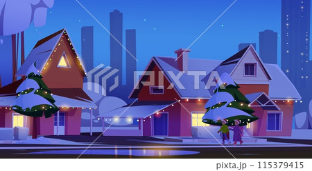 Two kids walking suburban street on Christmas Two kids walking suburban street on Christmas 115379415