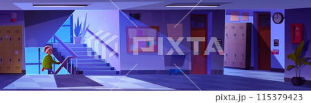 Little kid boy in dark empty school corridor 115379423