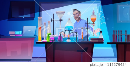 Evil scientist working in laboratory 115379424