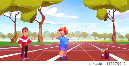 Slim boy supporting overweight friend at stadium 115379441