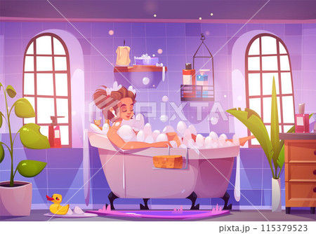 Woman rest in bathtub with foam. 115379523