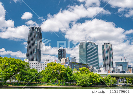 中之島公園と高層ビルとタワーマンション　大阪市 115379601