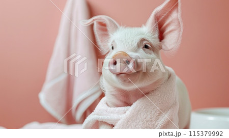 Adorable spa pig: cute and pampered pig enjoying relaxing spa treatments, a charming and delightful scene of animal wellness and indulgence, perfect for showcasing relaxation and cuteness Adorable spa pig: cute and pampered pig enjoying relaxing spa treatments, a charming and delightful scene of animal wellness and indulgence, perfect for showcasing relaxation and cuteness 115379992
