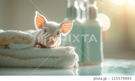 Adorable spa pig: cute and pampered pig enjoying relaxing spa treatments, a charming and delightful scene of animal wellness and indulgence, perfect for showcasing relaxation and cuteness Adorable spa pig: cute and pampered pig enjoying relaxing spa treatments, a charming and delightful scene of animal wellness and indulgence, perfect for showcasing relaxation and cuteness 115379993