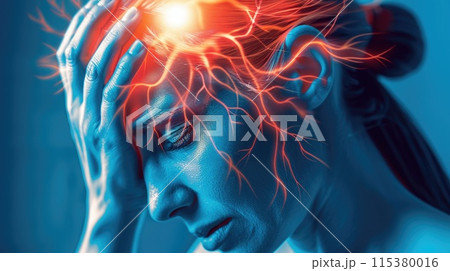 Headache, agony discomfort and migraine with effective treatment, stress relief, lifestyle adjustments for improved health and well-being, solution for symptom relief and comfor pulsating character 115380016