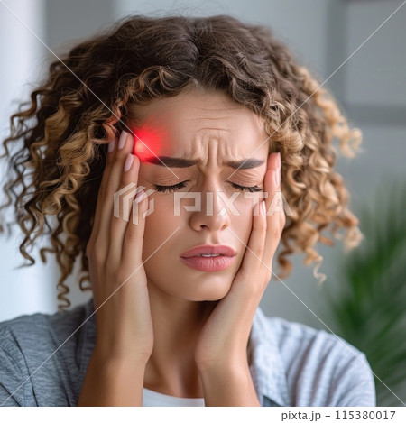 Headache, agony discomfort and migraine with effective treatment, stress relief, lifestyle adjustments for improved health and well-being, solution for symptom relief and comfor pulsating character 115380017