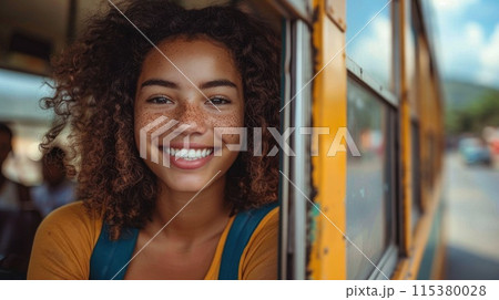 Joyful ride: fun students on a school bus, sharing laughter and creating memories on their journey to school, embodying the spirit of friendship and adventure during their commute together 115380028