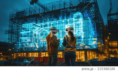 Engineers of the future, hologram projection displays tablets, showcasing innovative technology and automotivation, inspiring next-generation inventors and creators in STEM fields 115380180