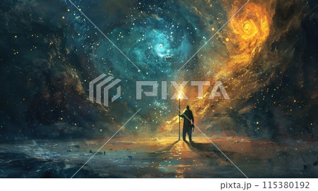 Seeking truth: persona with torch embarks on quest in dark space, symbolizing exploration, discovery, and enlightenment in the pursuit of knowledge and understanding 115380192