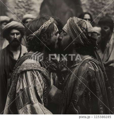 The kiss of judas: dramatic portrayal captures biblical betrayal, tension, and conflict as judas iscariot betrays jesus with a kiss, symbolizing spiritual depth and iconic christian symbolism The kiss of judas: dramatic portrayal captures biblical betrayal, tension, and conflict as judas iscariot betrays jesus with a kiss, symbolizing spiritual depth and iconic christian symbolism 115380285