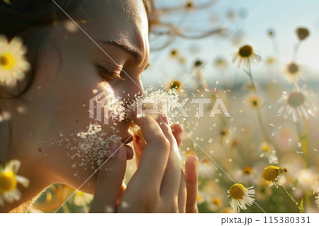 Sensitive depiction, showing allergy, capturing impact of allergic reactions on individual's face, highlighting challenges faced, search for relief through effective treatments, lifestyle adjustments. Sensitive depiction, showing allergy, capturing impact of allergic reactions on individual's face, highlighting challenges faced, search for relief through effective treatments, lifestyle adjustments. 115380331