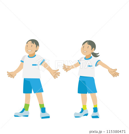 ラジオ体操する小学生の子どもたちのイラスト 115380471