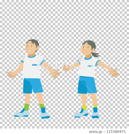 Illustration of elementary school children doing radio exercises Illustration of elementary school children doing radio exercises 115380471