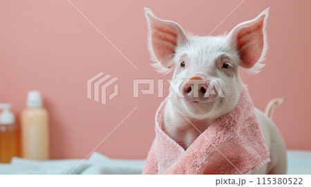 Adorable spa pig: cute and pampered pig enjoying relaxing spa treatments, a charming and delightful scene of animal wellness and indulgence, perfect for showcasing relaxation and cuteness 115380522