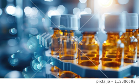 Medical pharmacy theme: empty clean bottles, containers, vials for advertising, presentation banners with copy space, showcasing pharmaceutical products mockup . 115380598