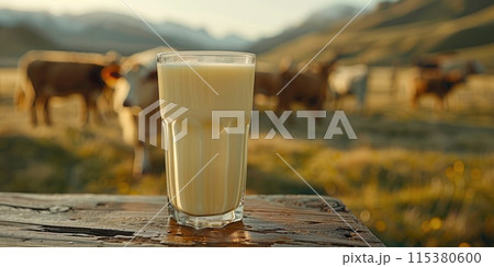 Pastoral charm abounds as a gentle cow grazes in lush meadow, accompanied by milk bottle and glass, an evocative portrayal of countryside serenity and wholesome dairy delights. 115380600