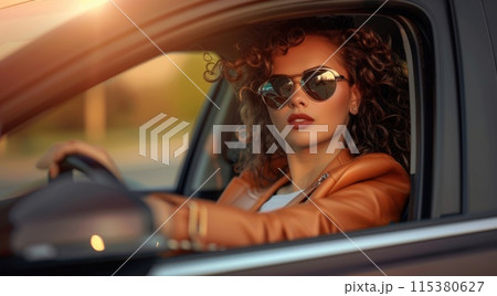 Driving elegance: handsome woman behind the wheel of car - embodying grace and confidence as a stylish woman navigates the road, merging sophistication with automotive prowess. 115380627