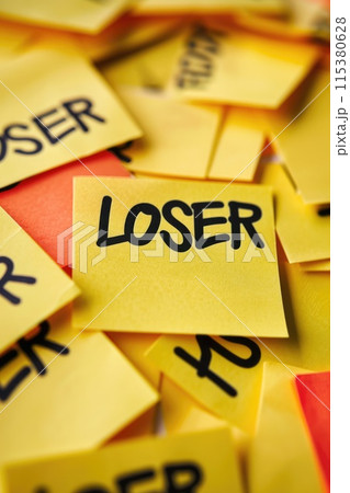 Unsuccessful message, text loser in bold font, portraying the concept of failure, disappointment, and defeat, conveying a negative sentiment or outcome in a concise and impactful manner. 115380628