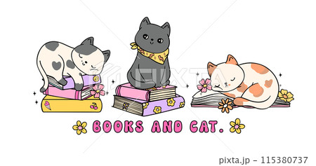 Cozy Book Vibe Retro Groovy books and cat banner vibrant and bold cartoon doodle drawing. Cozy Book Vibe Retro Groovy books and cat banner vibrant and bold cartoon doodle drawing. 115380737
