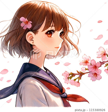 桜の花を見上げる女子高生 115380926