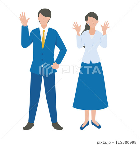 こちらに向かって手を振る男性と女性のビジネスパーソン こちらに向かって手を振る男性と女性のビジネスパーソン 115380999
