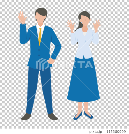 こちらに向かって手を振る男性と女性のビジネスパーソン こちらに向かって手を振る男性と女性のビジネスパーソン 115380999