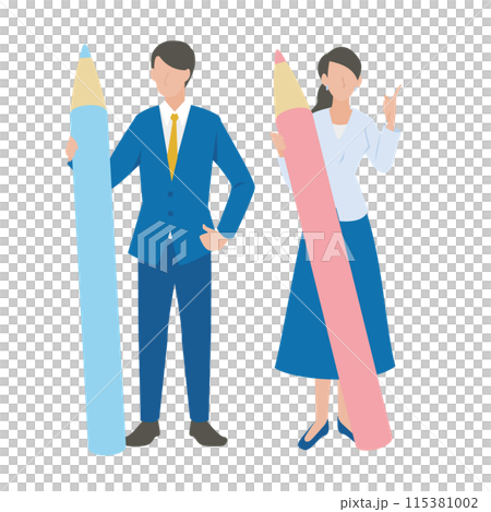 男性和女性商務人士用大筆檢查和評估 男性和女性商務人士用大筆檢查和評估 115381002