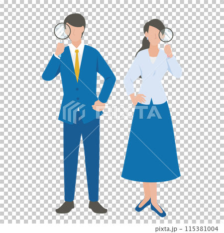 Male and female business people observing using a magnifying glass Male and female business people observing using a magnifying glass 115381004