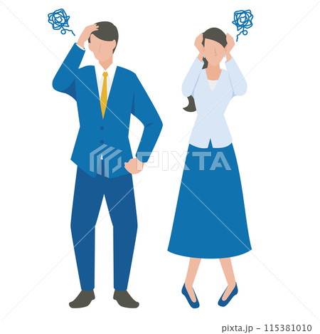 頭を抱えて悩む男性と女性のビジネスパーソン 115381010