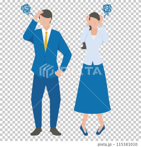 頭を抱えて悩む男性と女性のビジネスパーソン 115381010