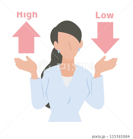 高いか低いかの検討をする女性のビジネスパーソン 高いか低いかの検討をする女性のビジネスパーソン 115381084