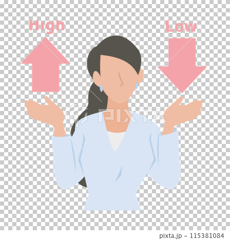 高いか低いかの検討をする女性のビジネスパーソン 高いか低いかの検討をする女性のビジネスパーソン 115381084