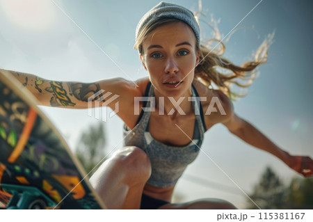 Female skateboarder - the fearless women carving their mark in the world of skateboarding, breaking stereotypes with every kickflip and grind. 115381167