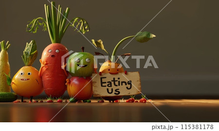 Joyful produce: cartoon characters, happy cute vegetables, and fruits holding a sign 'Eating Us.' A whimsical portrayal promoting the concept of proper nutrition and a healthy lifestyle. Joyful produce: cartoon characters, happy cute vegetables, and fruits holding a sign 'Eating Us.' A whimsical portrayal promoting the concept of proper nutrition and a healthy lifestyle. 115381178
