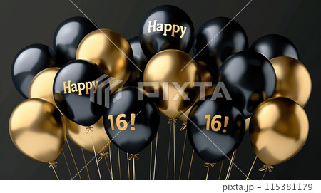 Happy birthday, happy 16: cheerful text celebrating the joyous occasion of turning sixteen, a milestone filled with happiness and excitement 115381179