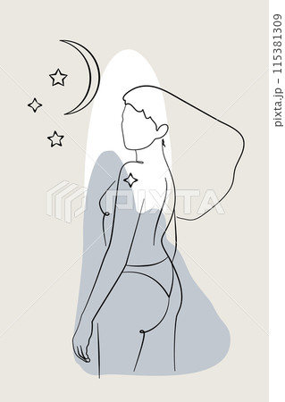 Card or poster with one single line drawing of female face and abstract shapes 115381309