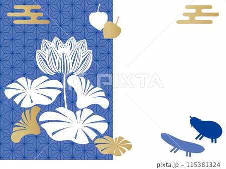 フレーム　お盆　シルエット　蓮の花　夏　7月　8月　コピースペース　背景　イラスト素材 115381324