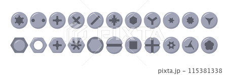 Set of metal screw heads. Stainless steel bolts. Silver nails and rivets. Top view. Vector illustration in flat style. Different hardware elements. Mechanic workshop icons 115381338