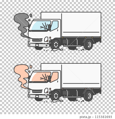 物流シリーズ：交通事故で壊れた、2トントラックのイラスト(カラー&モノカラーのSET) 115381693