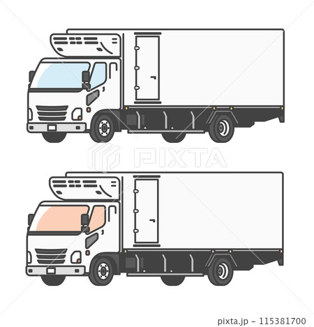 物流シリーズ：保冷庫つき、生鮮食品を運ぶ4トントラックのイラスト(カラー&モノカラーのSET) 115381700