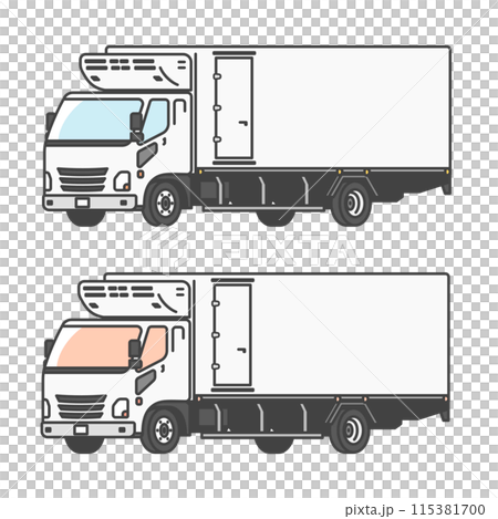 物流シリーズ：保冷庫つき、生鮮食品を運ぶ4トントラックのイラスト(カラー&モノカラーのSET) 115381700