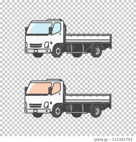 物流シリーズ：空荷、これから荷物を積み込む平積み2トントラックのイラスト(カラー&モノカラー) 115381701