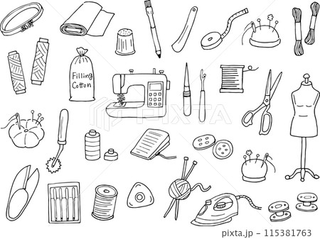 手芸用品のイラストセット（手書き、線画） 115381763