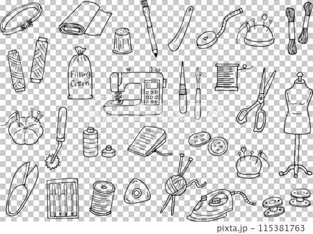 Illustration set of sewing supplies (hand-drawn, line drawing) 115381763