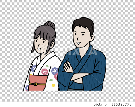 Illustration of a young couple wearing yukata 115381776