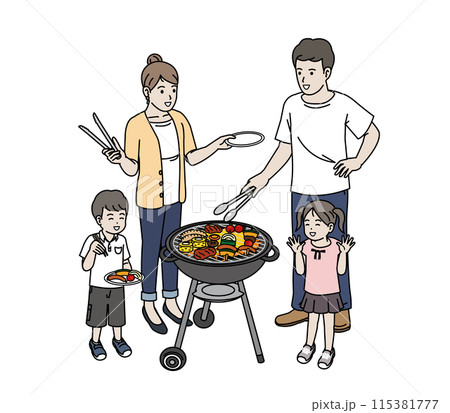 バーベキュー料理をする家族のイラスト 115381777