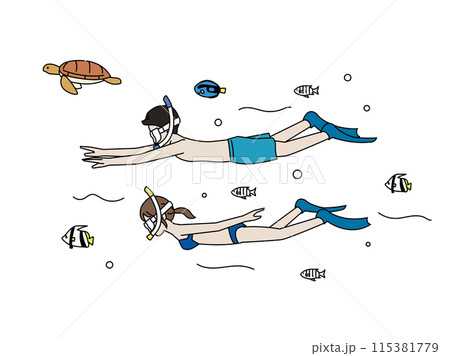 海でシュノーケリングをするカップルのイラスト 115381779