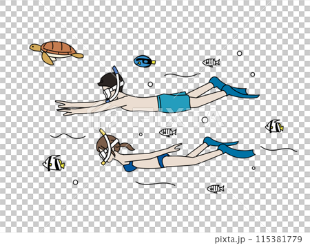 海でシュノーケリングをするカップルのイラスト 115381779