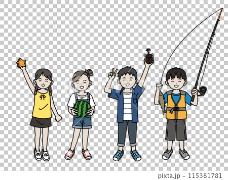 夏の自然と触れ合う子供達のイラスト 115381781